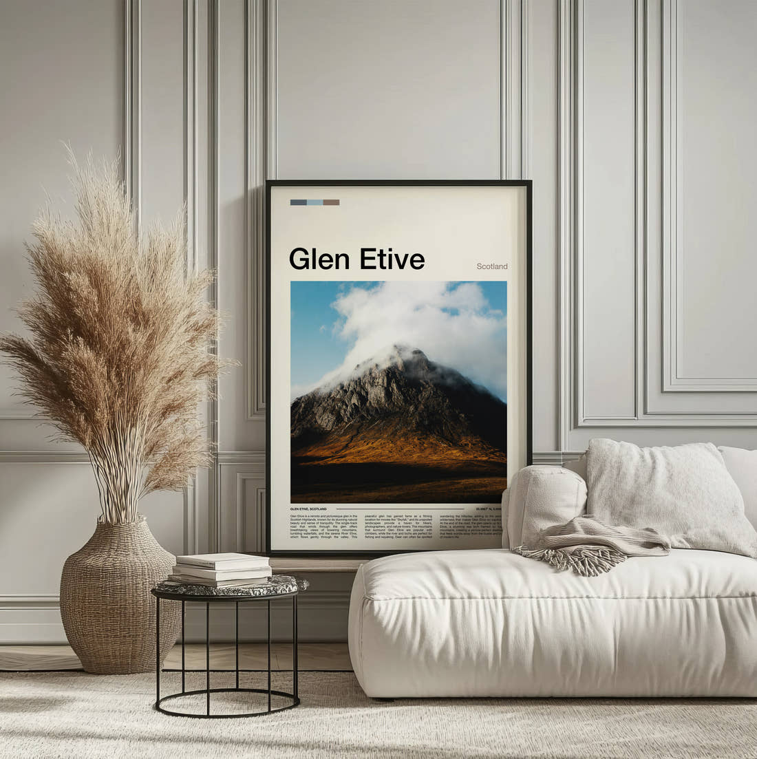 Glen Etive Dark Mountain Peak Travel Print framed on the wall of a calm, neutral bedroom