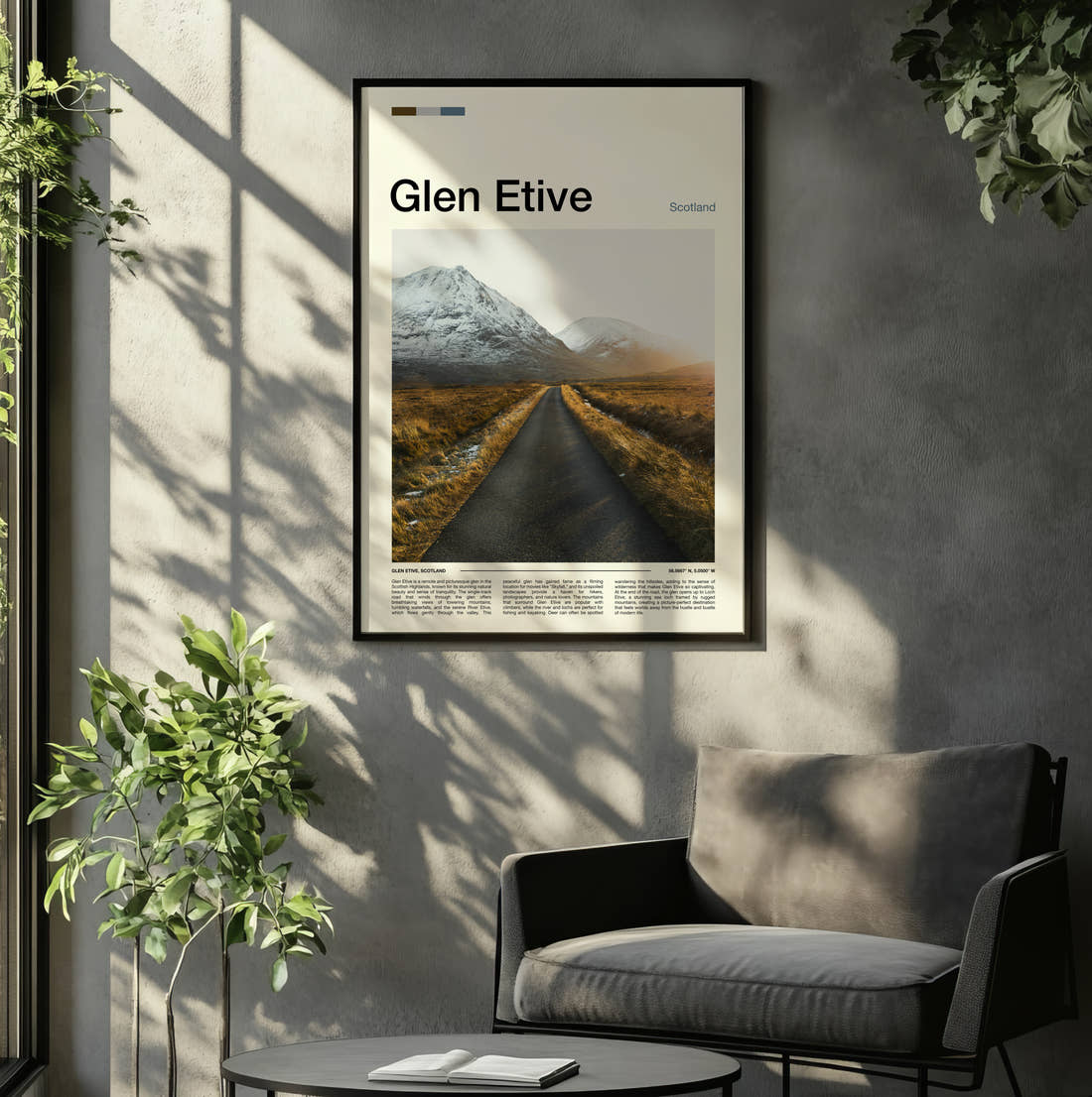 Glen Etive Single Track Road Travel Print framed on the wall of a relaxed living room