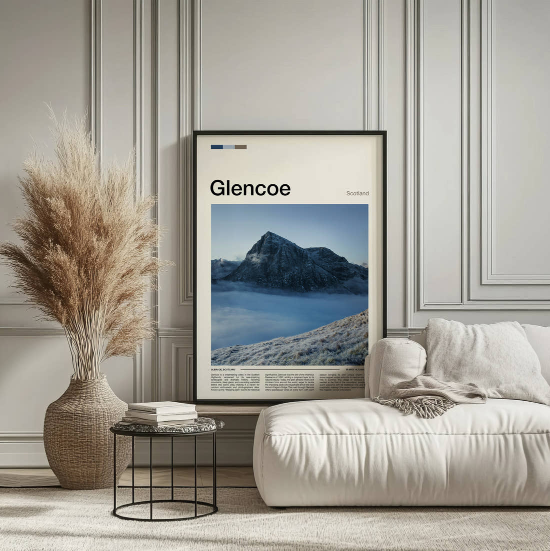 Glencoe Peak Above The Clouds Travel Print framed on the wall of a calm, neutral bedroom
