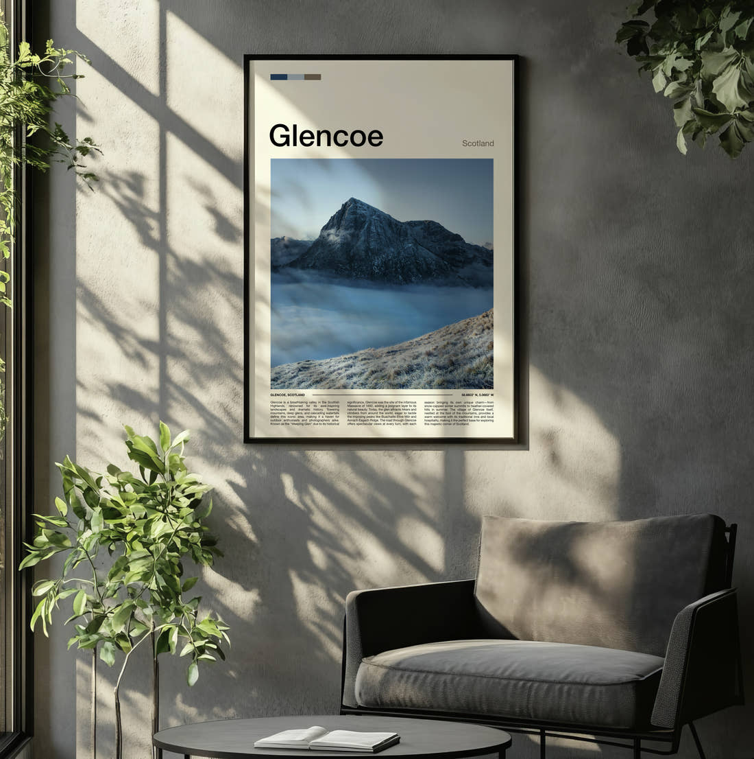 Glencoe Peak Above The Clouds Travel Print framed on the wall of a relaxed living room