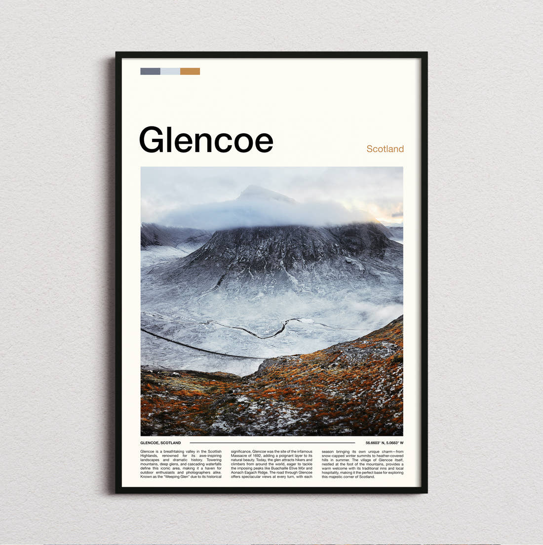 Glencoe Winding River In Snow Travel Print framed and photographed straight on