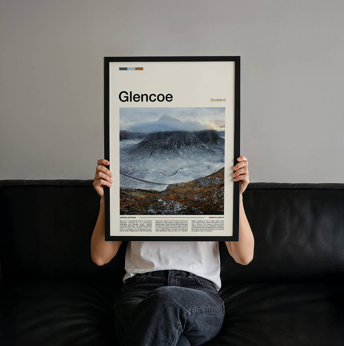 Glencoe Winding River In Snow Travel Print held up by hand to show the size of the print