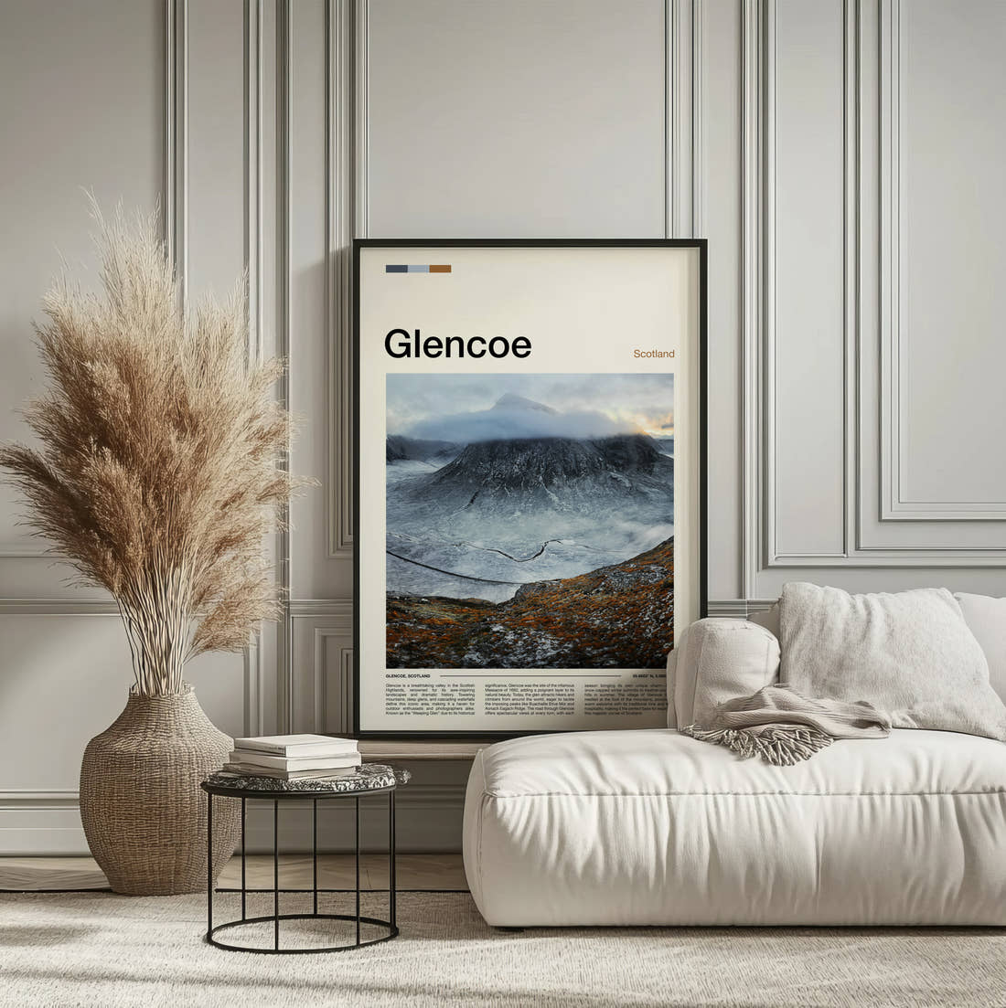 Glencoe Winding River In Snow Travel Print framed on the wall of a calm, neutral bedroom
