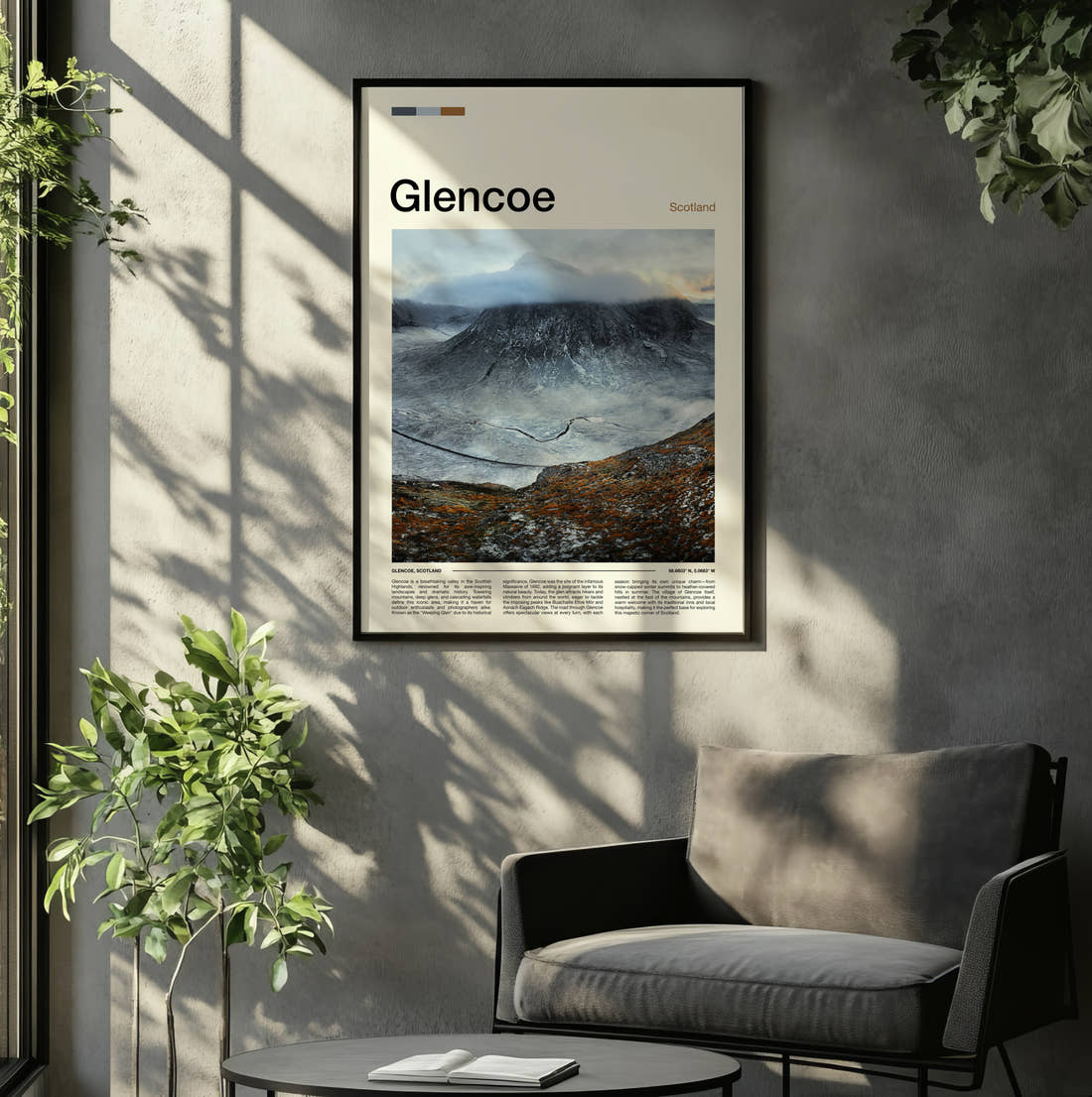 Glencoe Winding River In Snow Travel Print framed on the wall of a relaxed living room