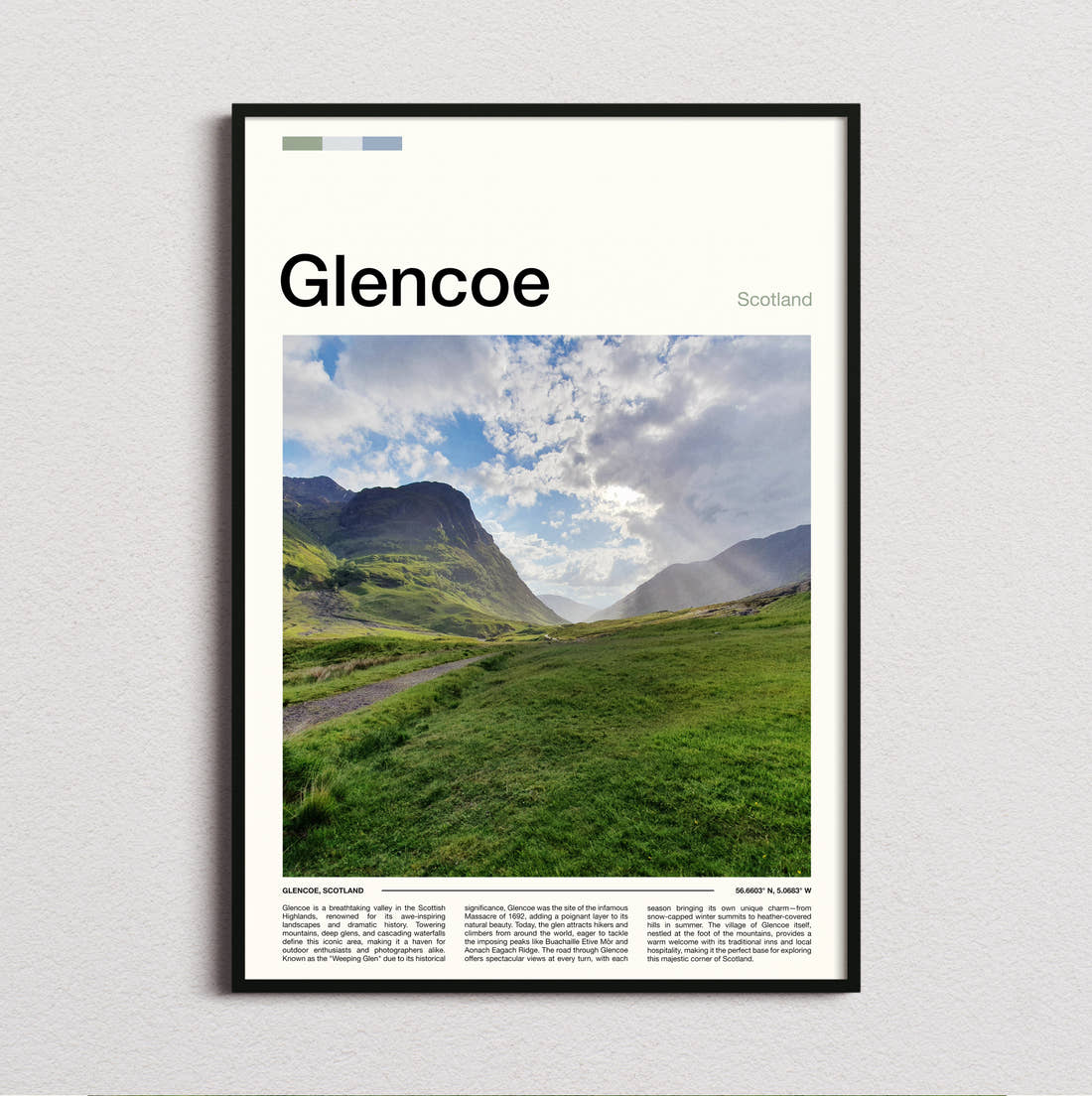 Glencoe Green Valley Path Travel Print framed and photographed straight on