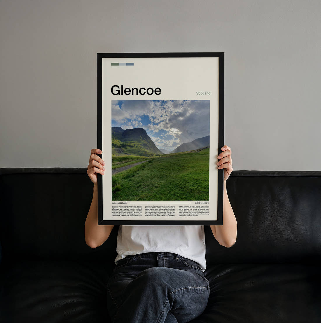 Glencoe Green Valley Path Travel Print held up by hand to show the size of the print