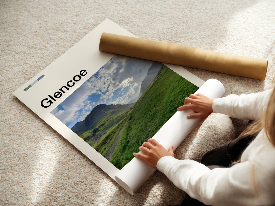 Glencoe Green Valley Path Travel Print being unrolled from its postal tube