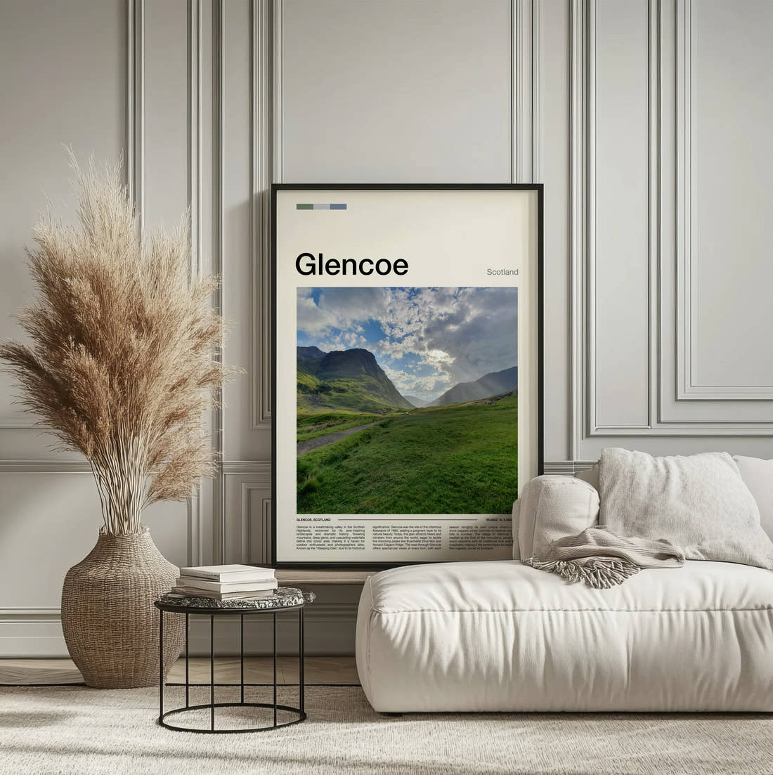 Glencoe Green Valley Path Travel Print framed on the wall of a calm, neutral bedroom