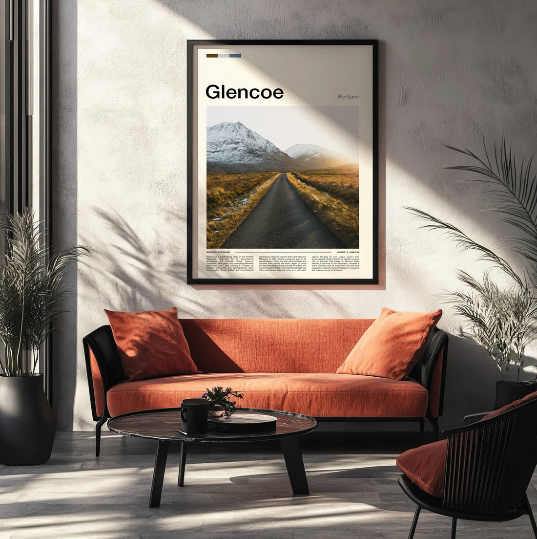 Glencoe Empty Road Through Mountains Travel Print framed on the wall of a modern living room