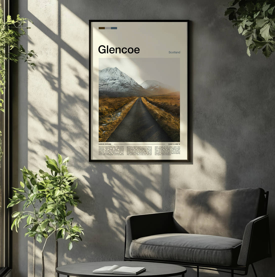 Glencoe Empty Road Through Mountains Travel Print framed on the wall of a relaxed living room