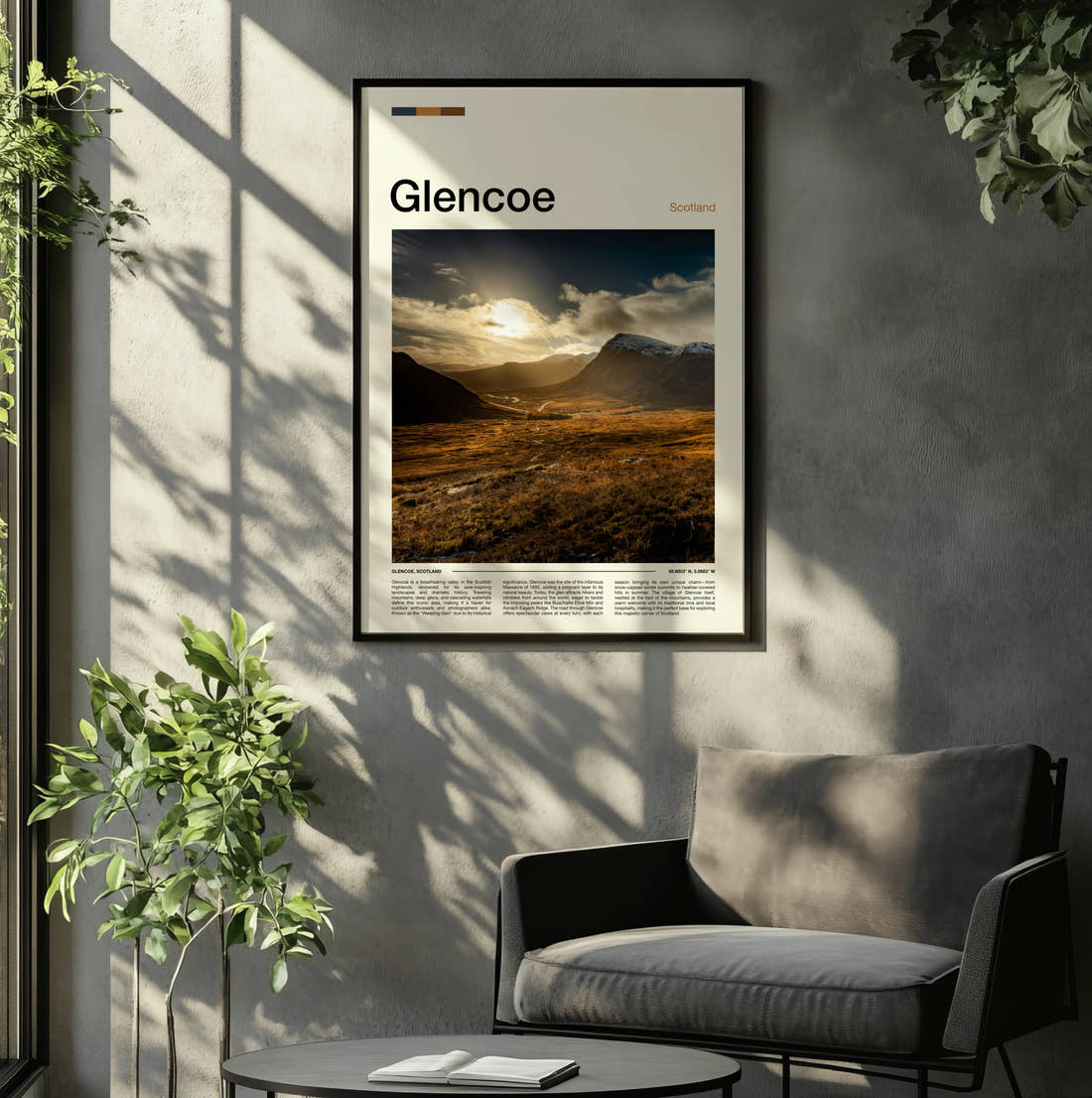 Glencoe Sunlight Over The Valley Travel Print framed on the wall of a relaxed living room