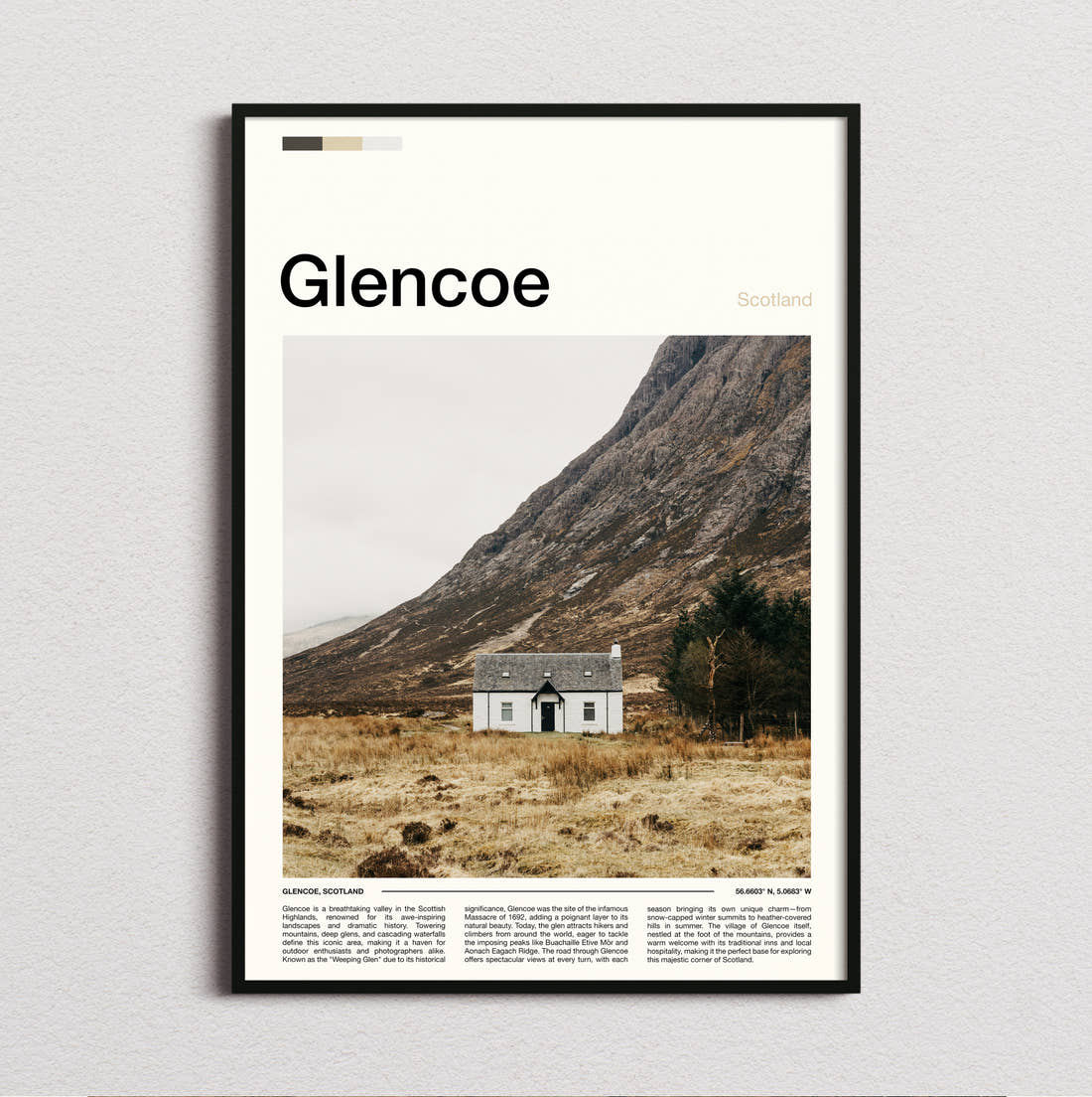 Glencoe Lone White Cottage Travel Print framed and photographed straight on