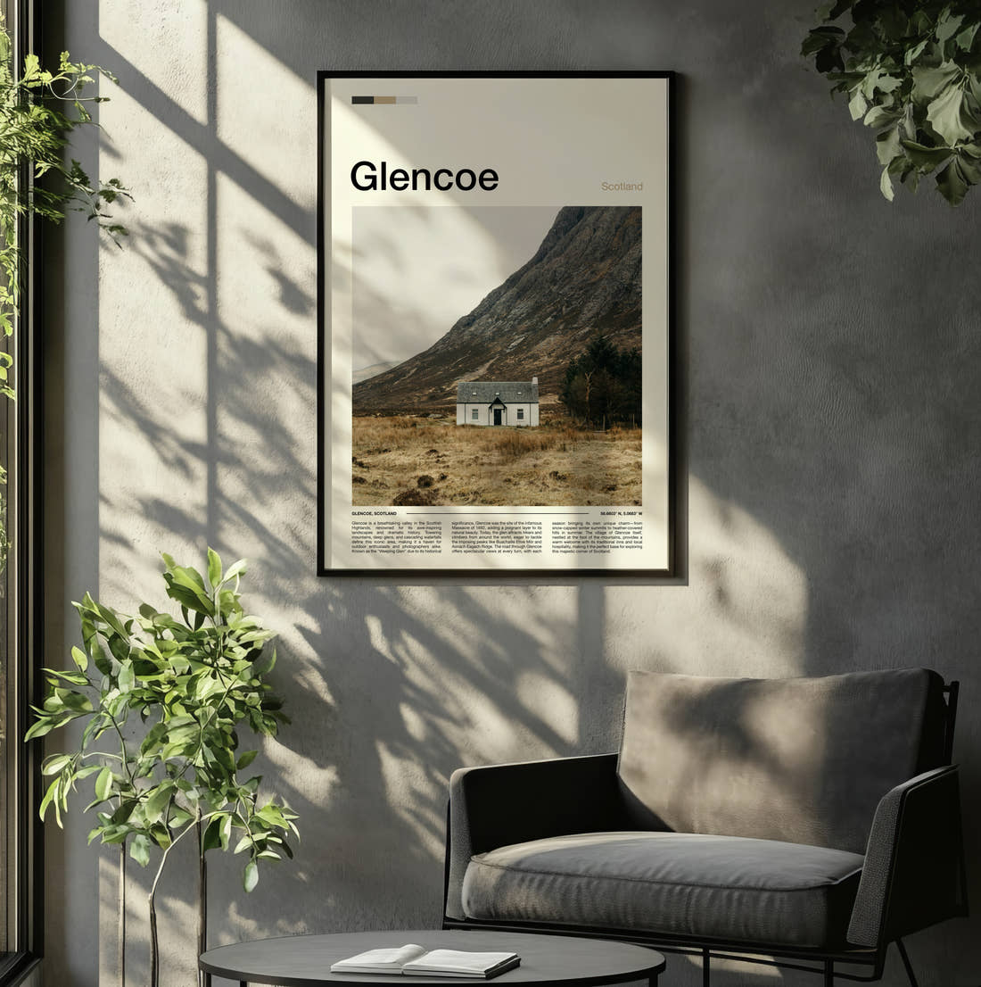 Glencoe Lone White Cottage Travel Print framed on the wall of a relaxed living room