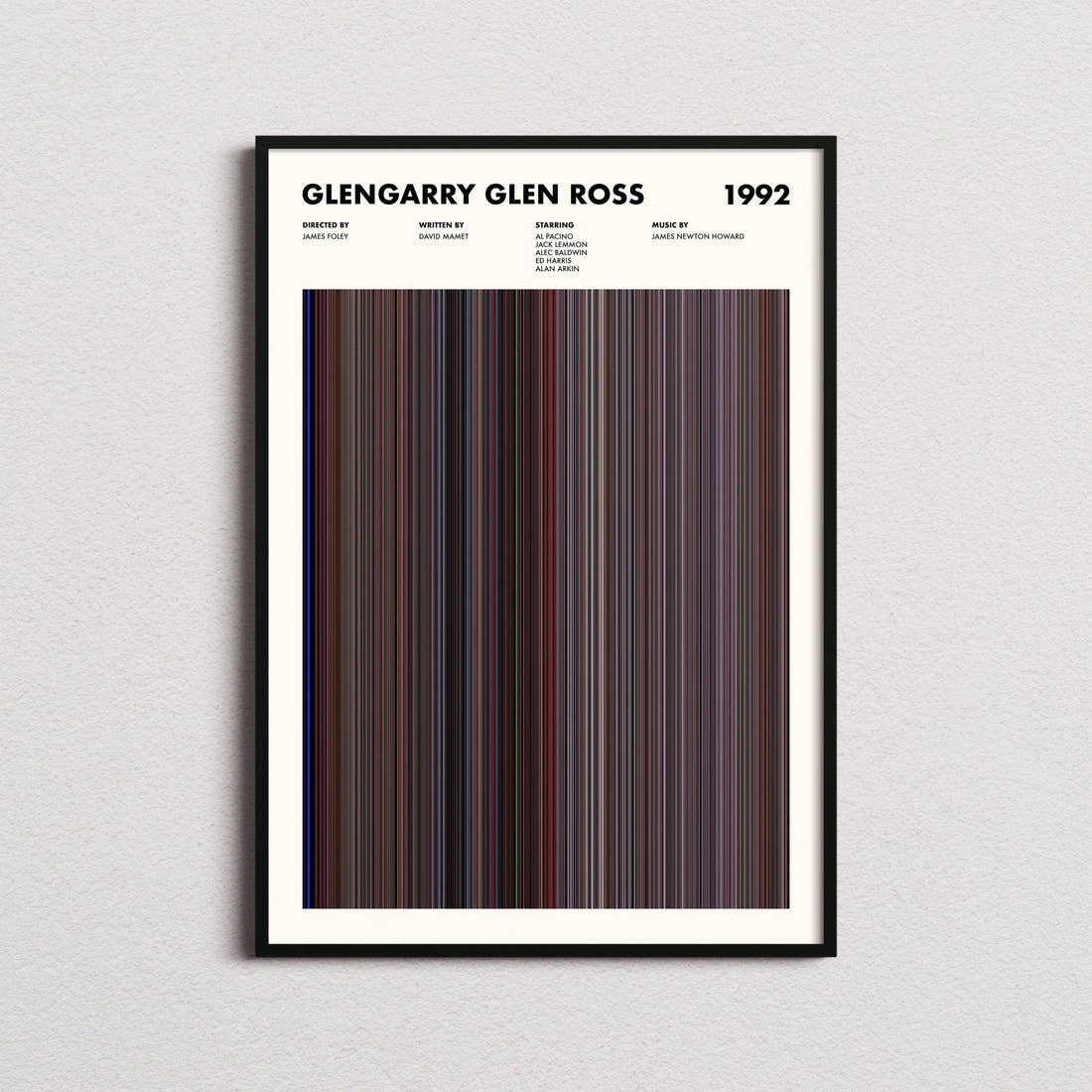 Glengarry Glen Ross Movie Barcode Poster framed on a plain studio wall