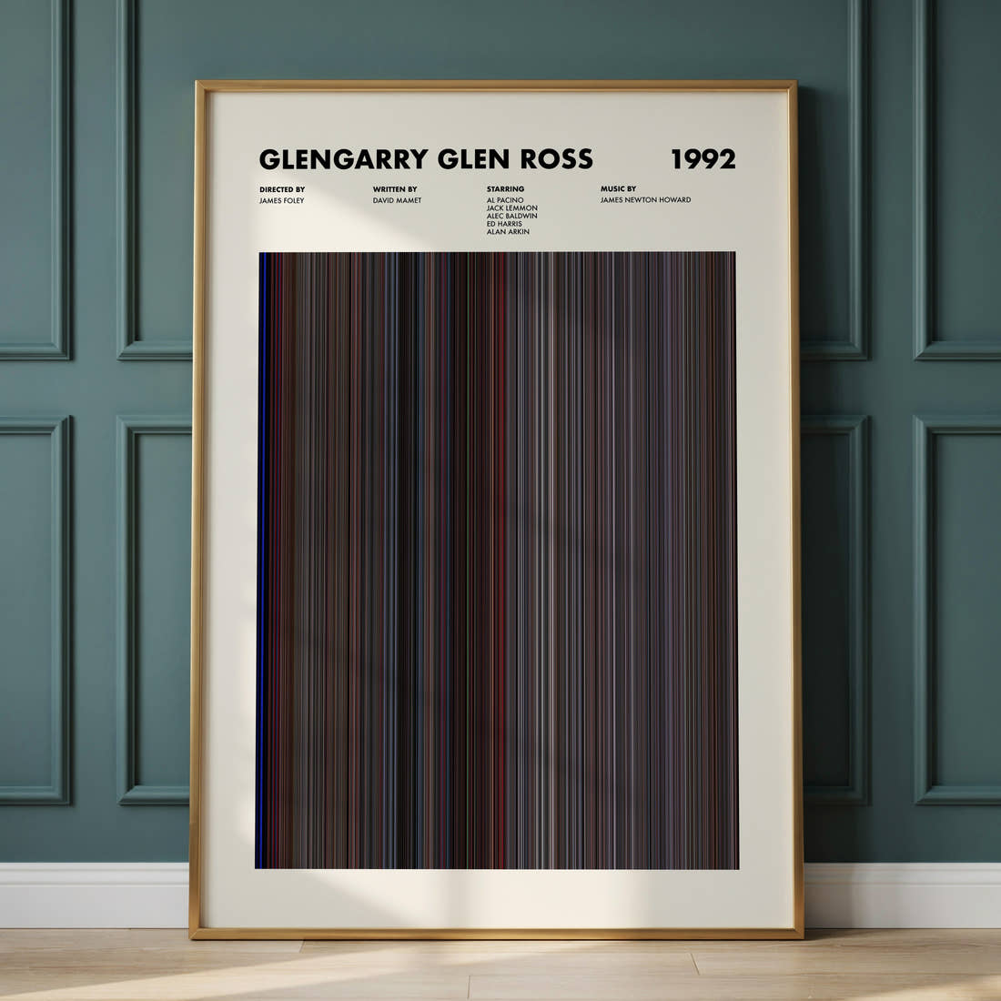 Glengarry Glen Ross Movie Barcode Poster framed and leaning against a panelled wall