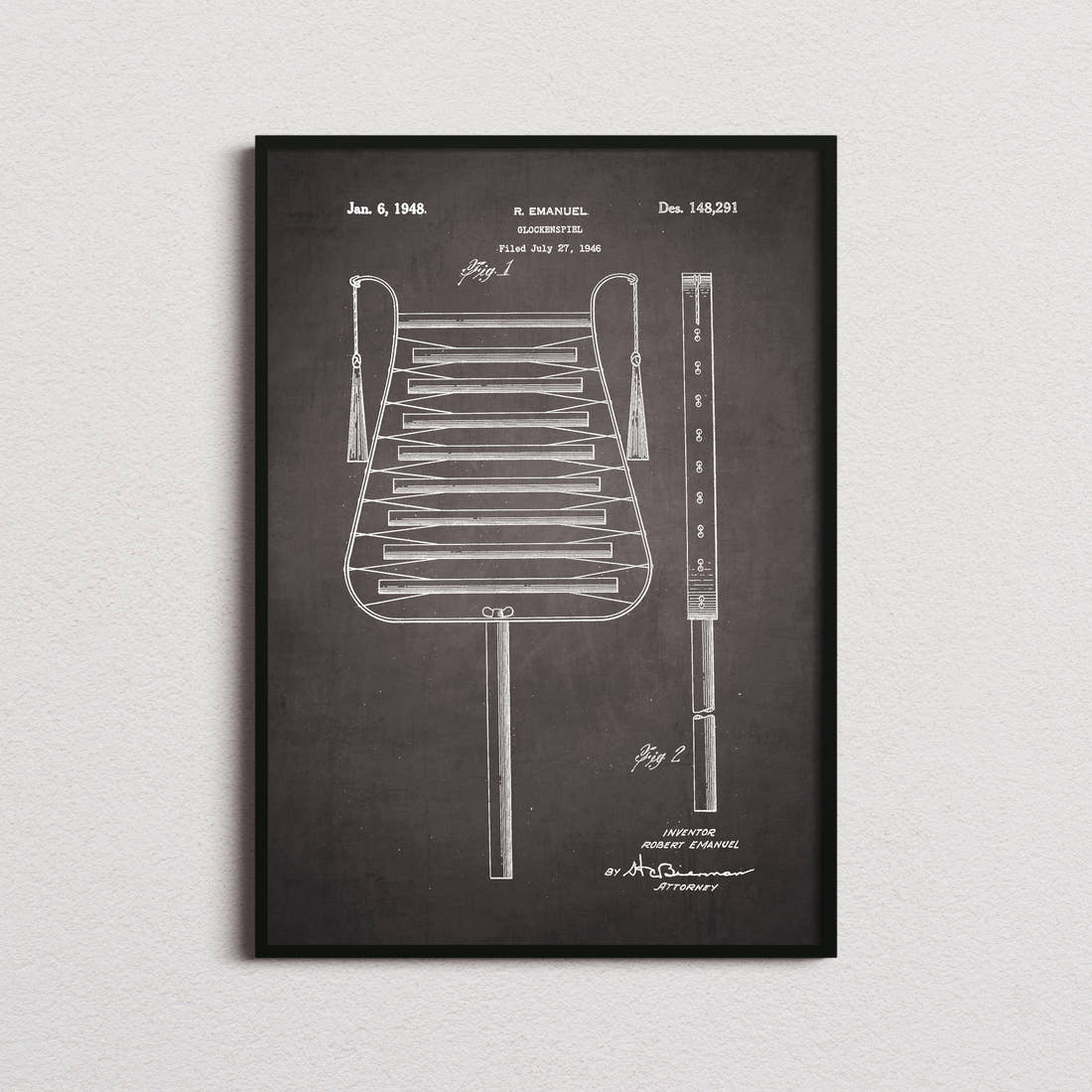 Glockenspiel Patent Print in the blackboard colourway, framed