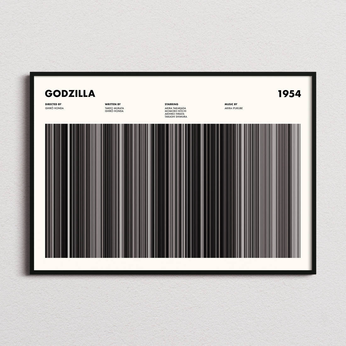 Godzilla Movie Barcode Poster framed and photographed straight on