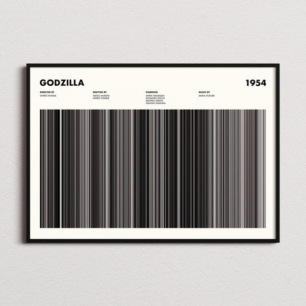 Godzilla Movie Barcode Poster framed and photographed straight on