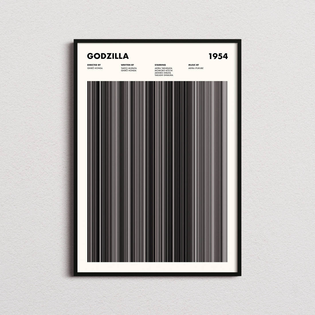 Godzilla Movie Barcode Poster framed on a plain studio wall