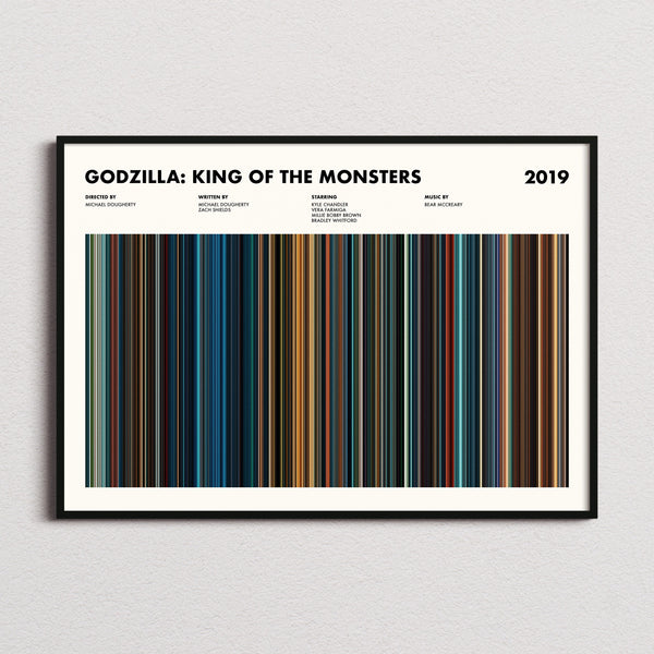 Godzilla King of the Monsters Movie Barcode Poster framed and photographed straight on