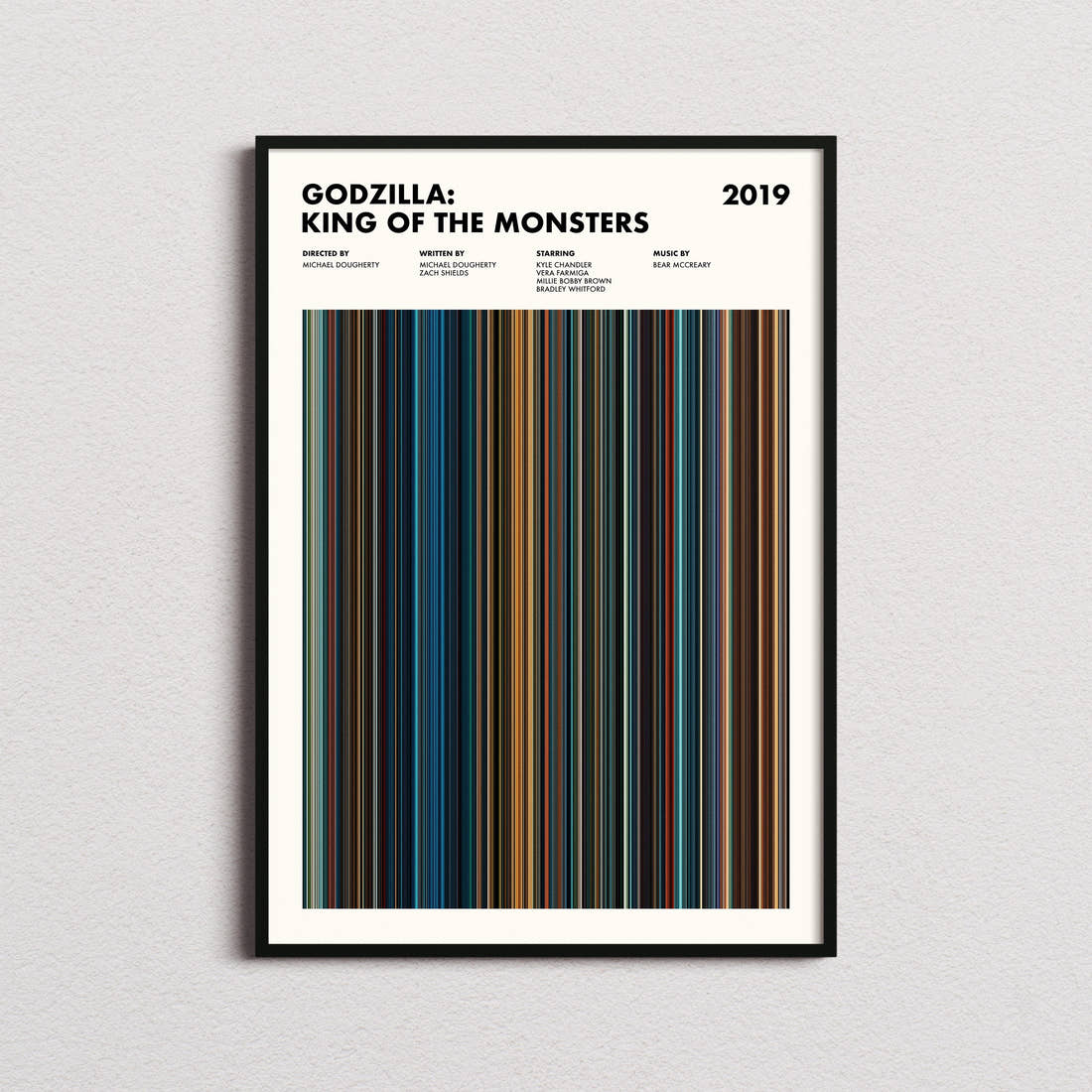 Godzilla King of the Monsters Movie Barcode Poster framed on a plain studio wall
