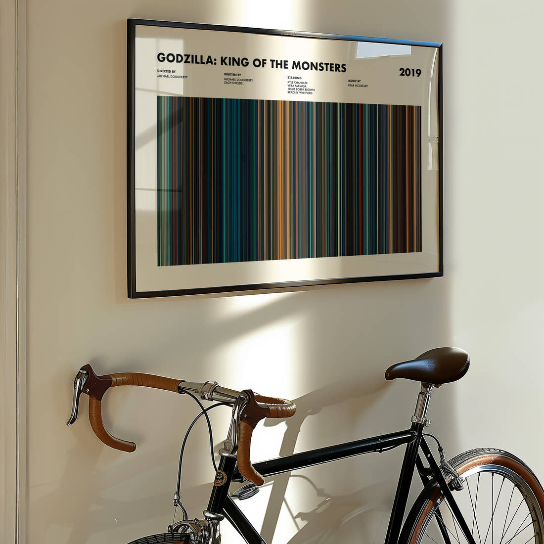 Godzilla King of the Monsters Movie Barcode Poster framed on the wall of a styled room setting