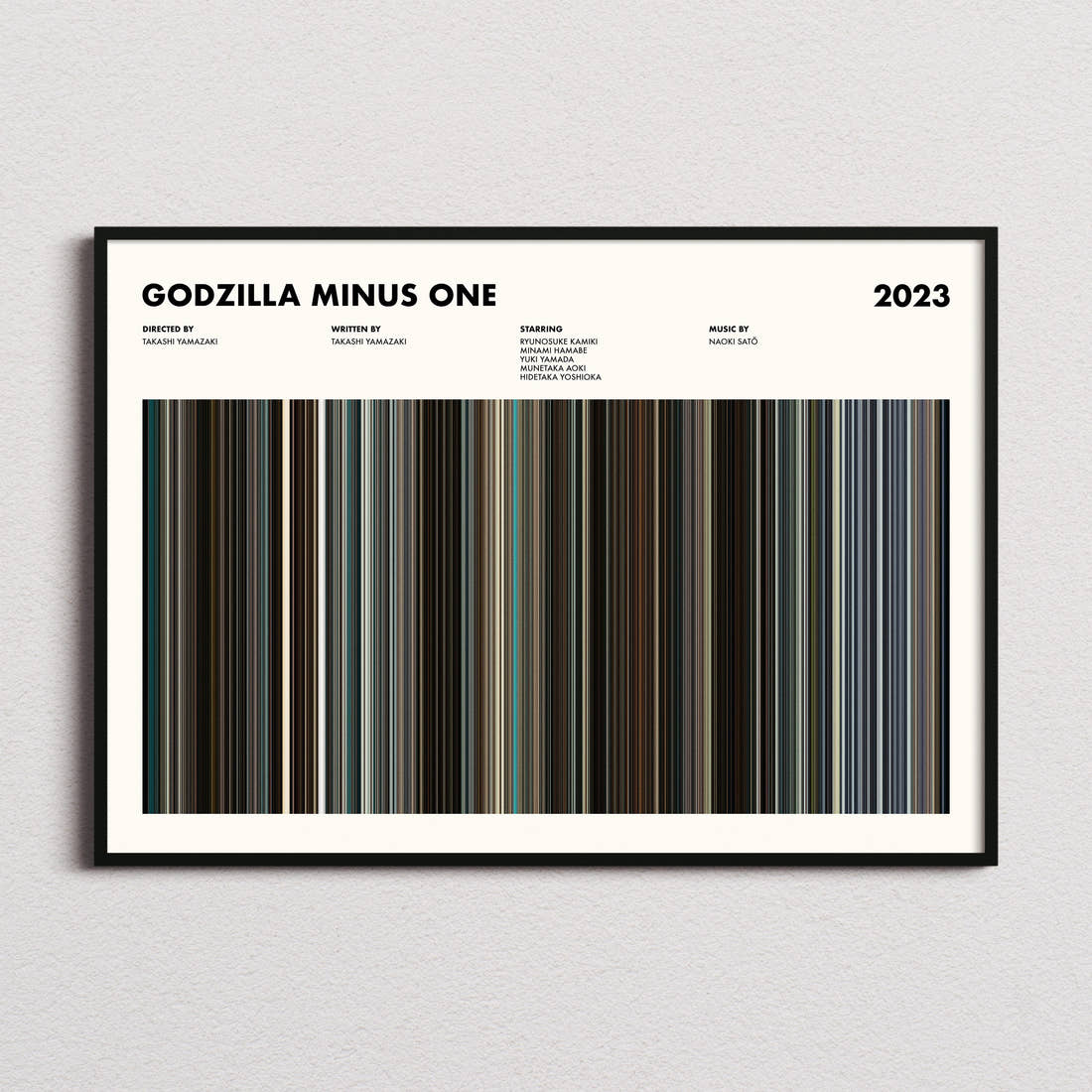 Godzilla Minus One Movie Barcode Poster framed and photographed straight on