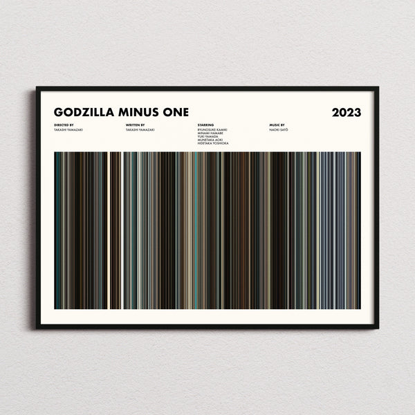 Godzilla Minus One Movie Barcode Poster framed and photographed straight on