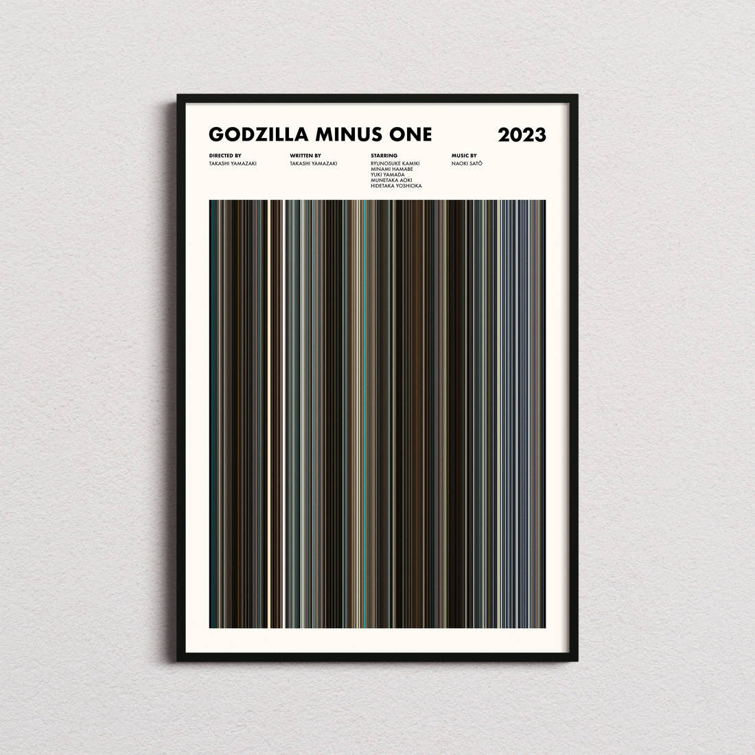 Godzilla Minus One Movie Barcode Poster framed on a plain studio wall