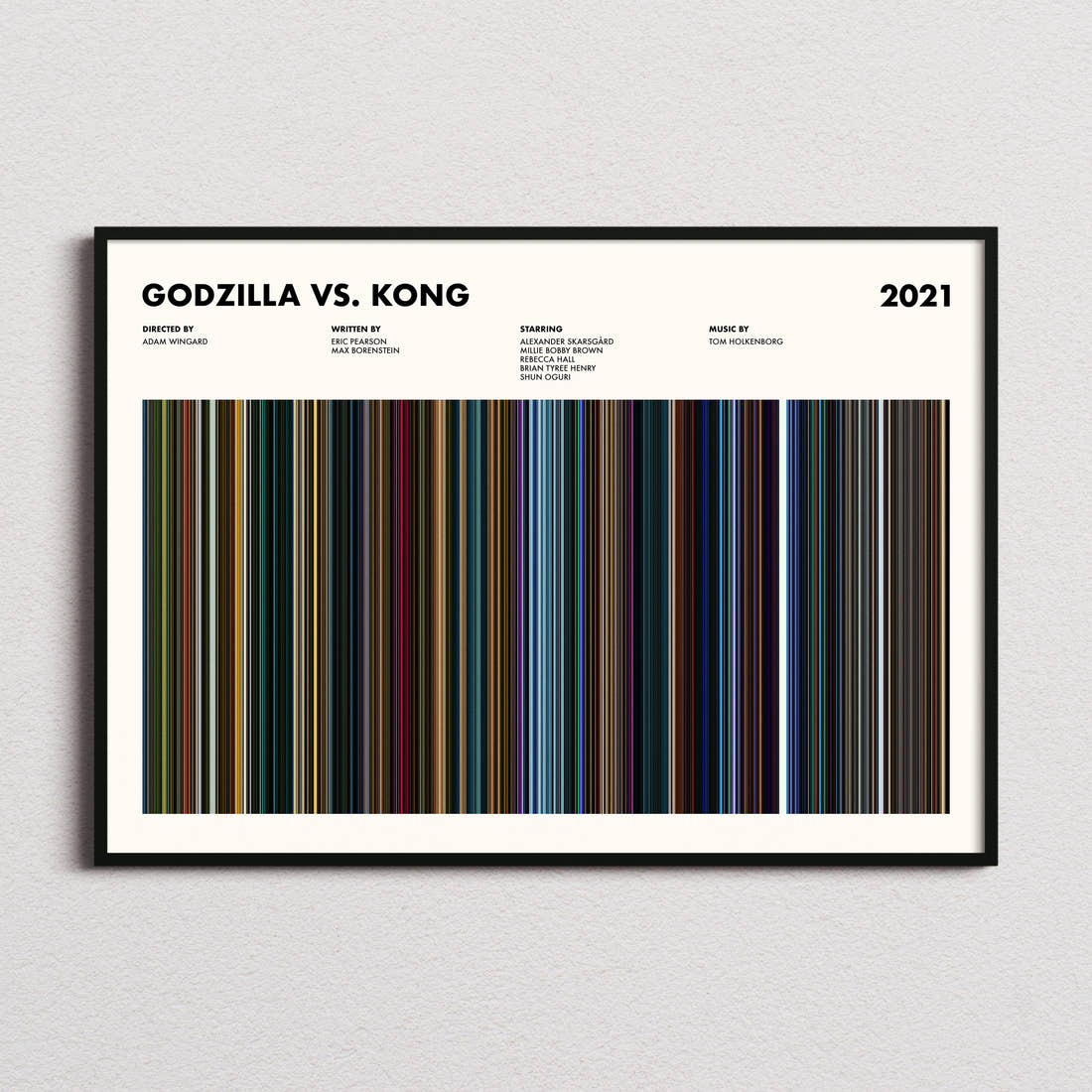 Godzilla vs. Kong Movie Barcode Poster framed and photographed straight on