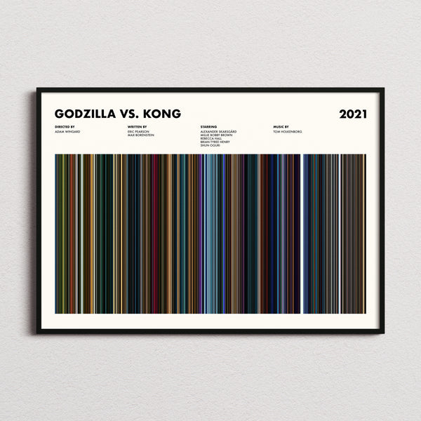 Godzilla vs. Kong Movie Barcode Poster framed and photographed straight on