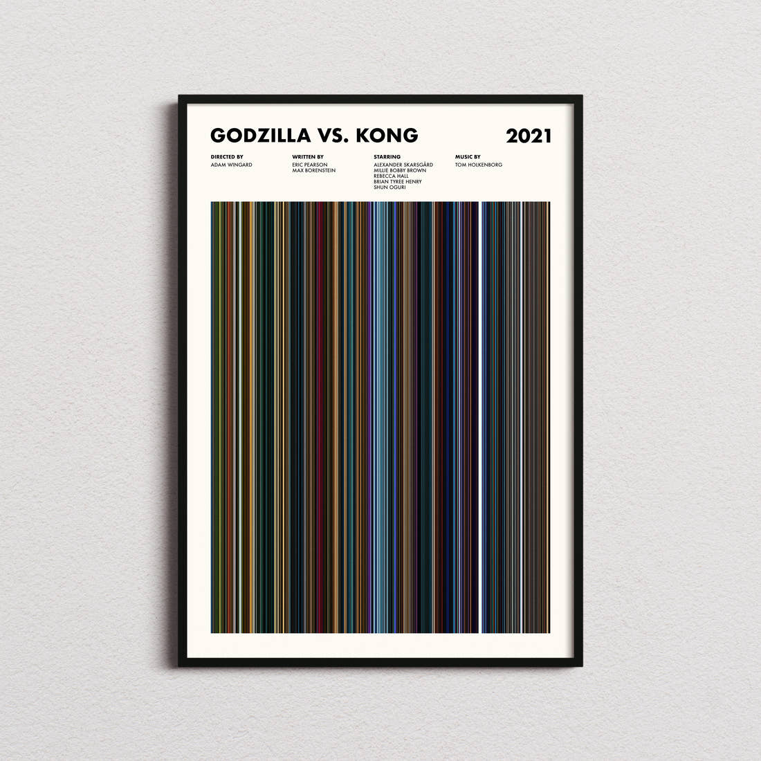 Godzilla vs. Kong Movie Barcode Poster framed on a plain studio wall