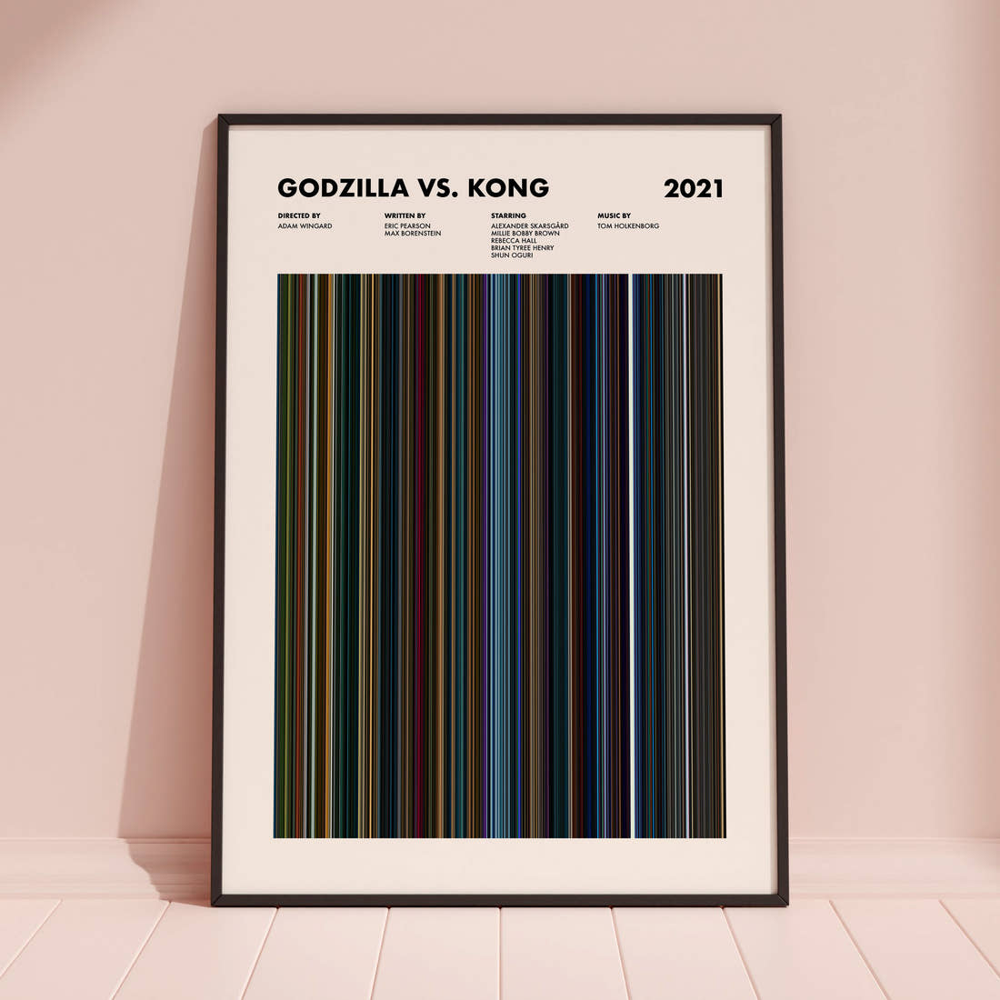 Godzilla vs. Kong Movie Barcode Poster framed and leaning against a coloured wall