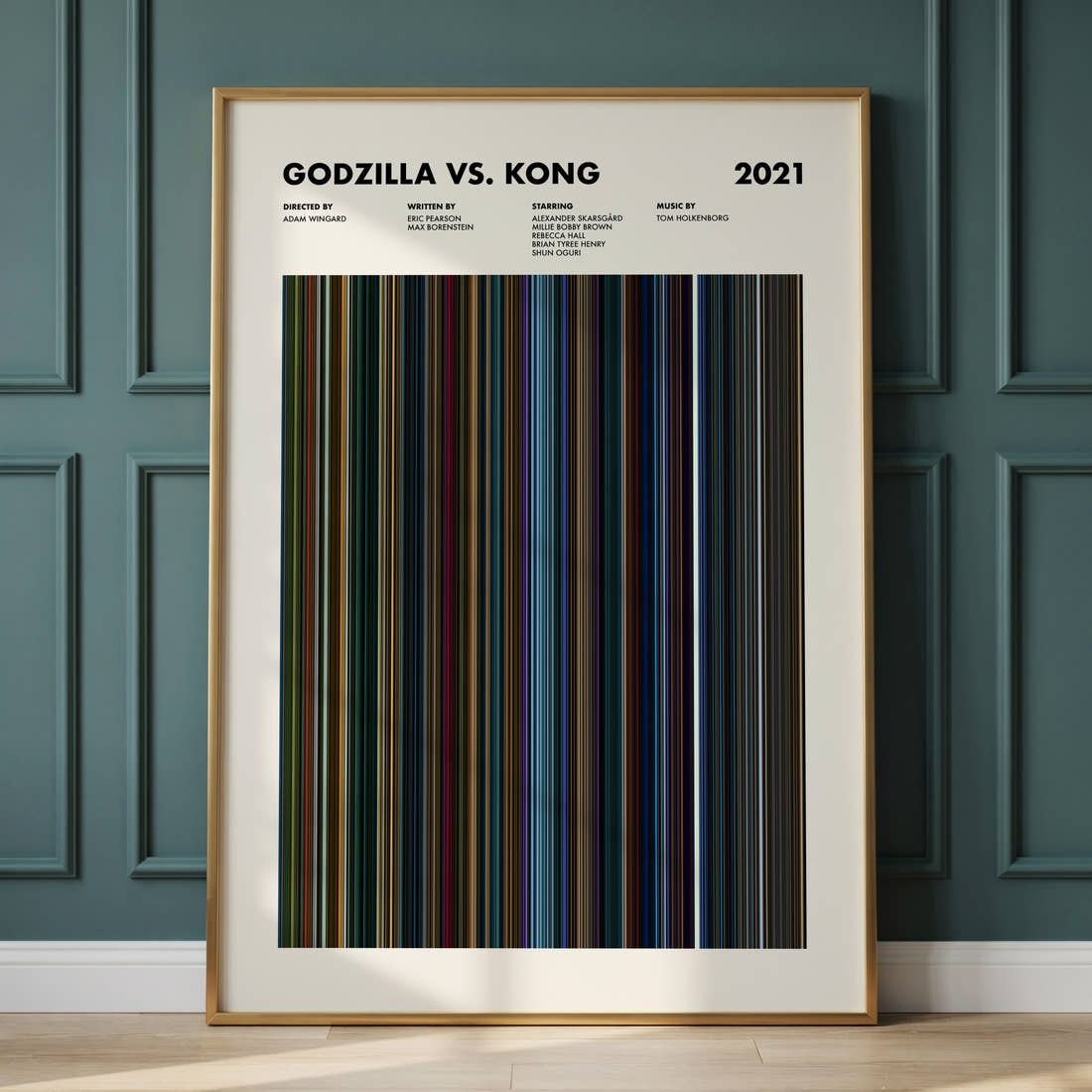 Godzilla vs. Kong Movie Barcode Poster framed and leaning against a panelled wall