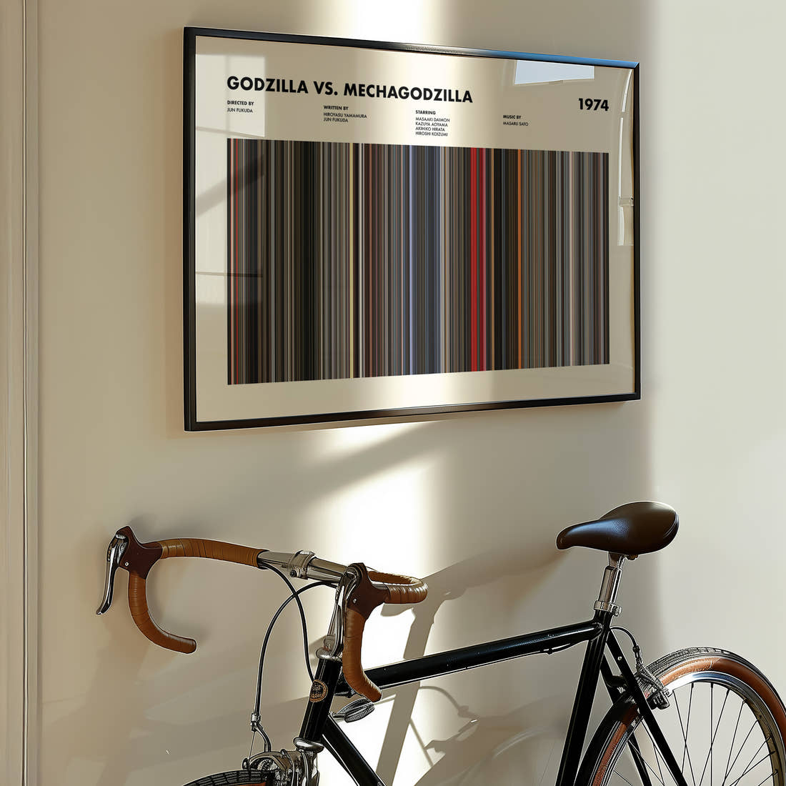 Godzilla vs Mechagodzilla Movie Barcode Poster framed on the wall of a styled room setting