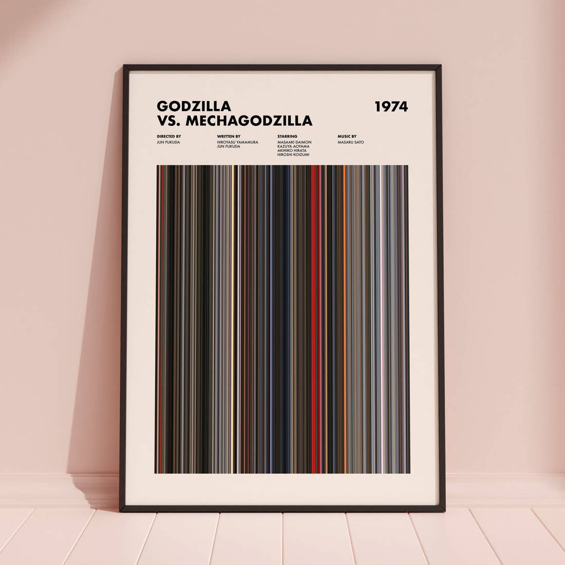 Godzilla vs Mechagodzilla Movie Barcode Poster framed and leaning against a coloured wall