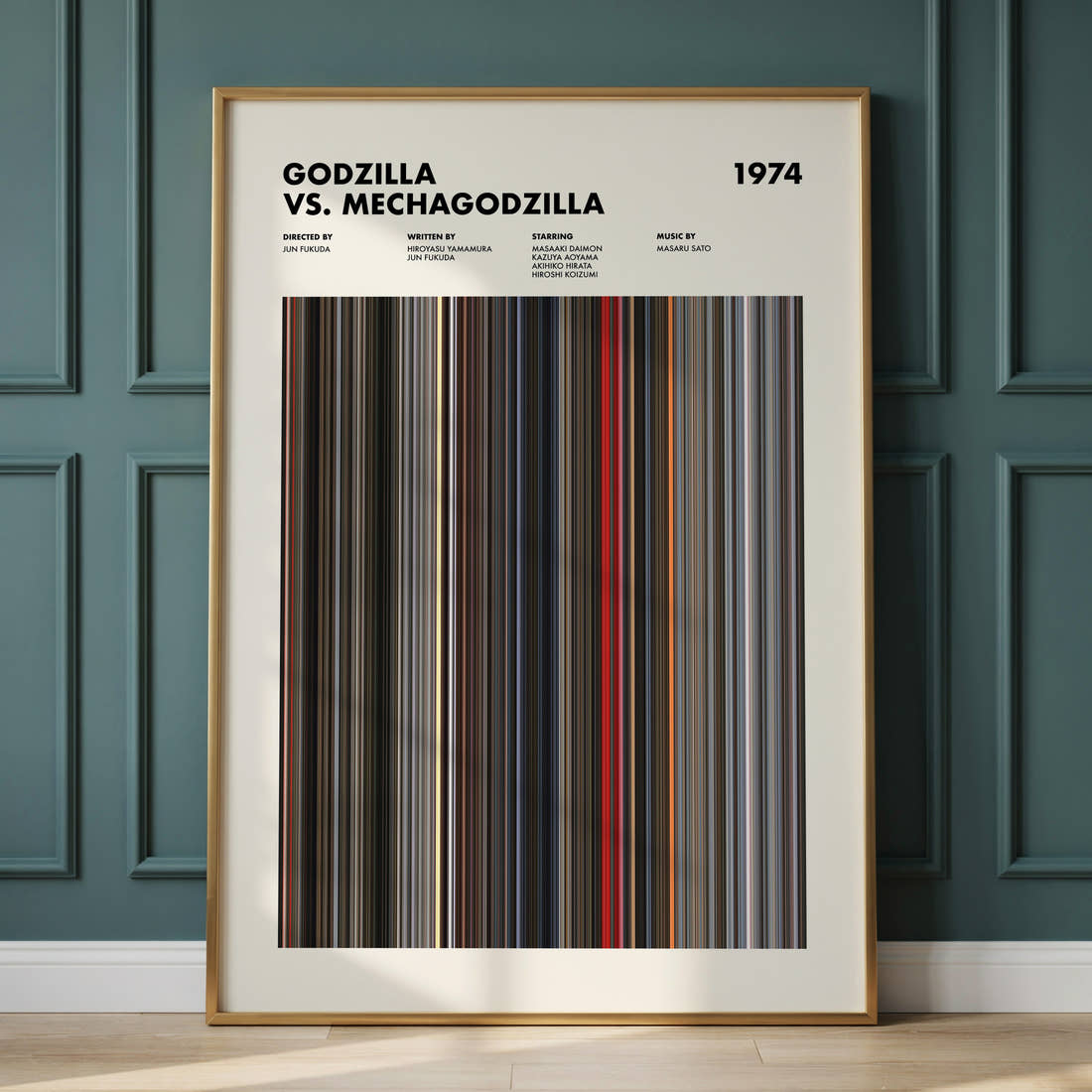 Godzilla vs Mechagodzilla Movie Barcode Poster framed and leaning against a panelled wall