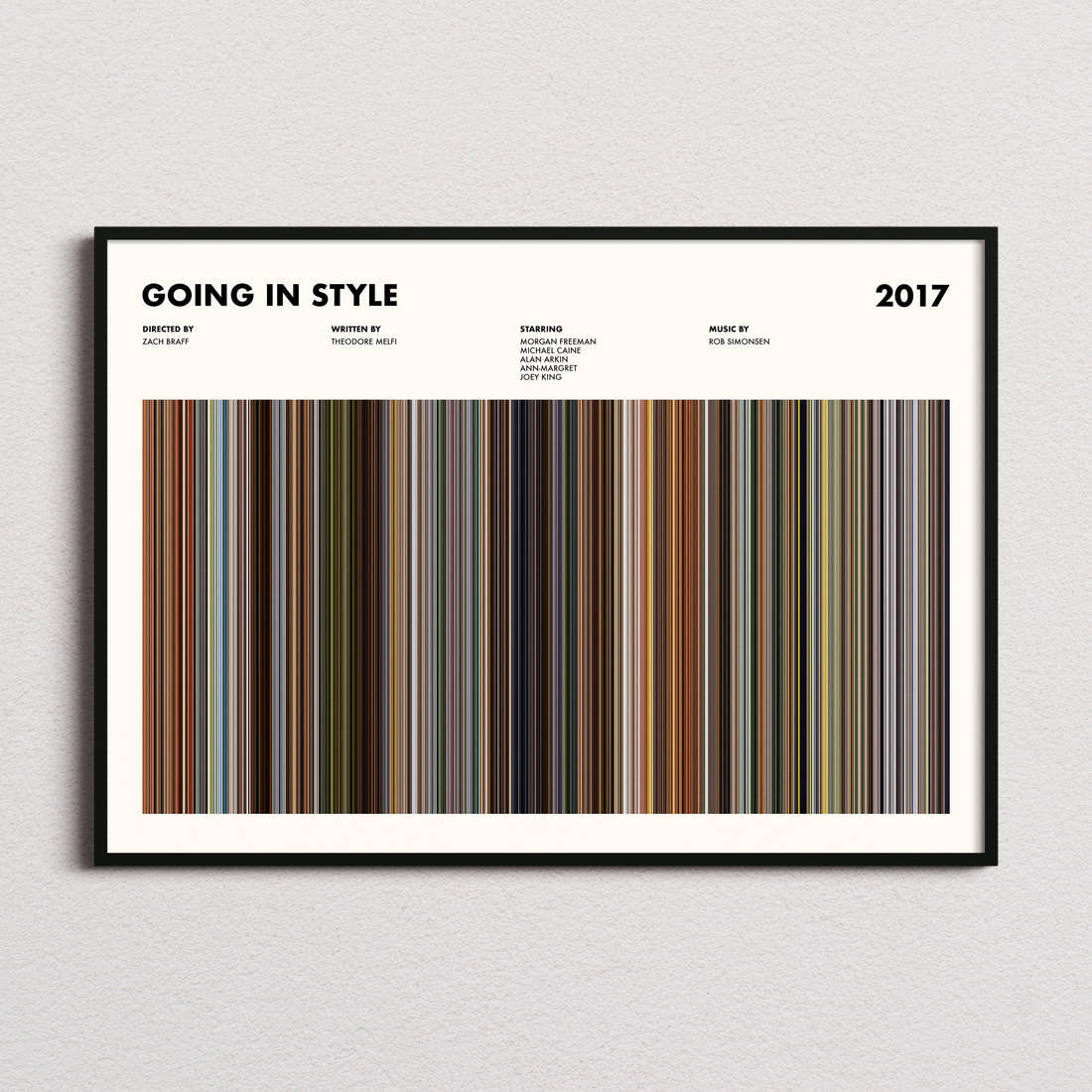 Going in Style Movie Barcode Poster framed and photographed straight on