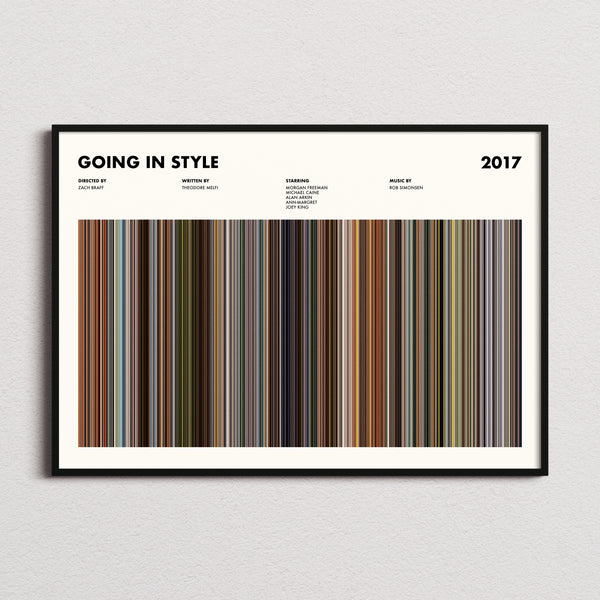 Going in Style Movie Barcode Poster framed and photographed straight on