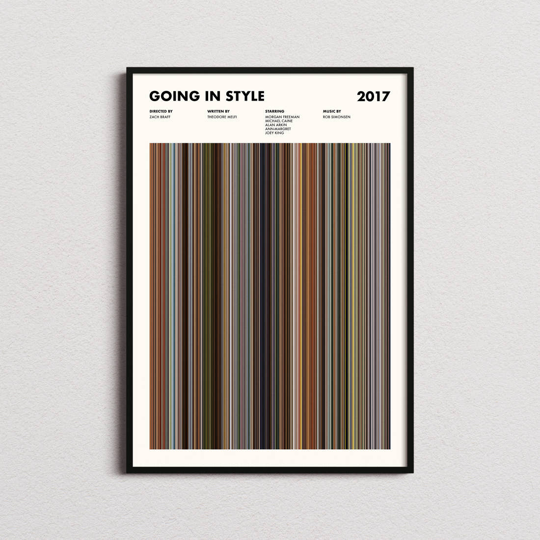 Going in Style Movie Barcode Poster framed on a plain studio wall