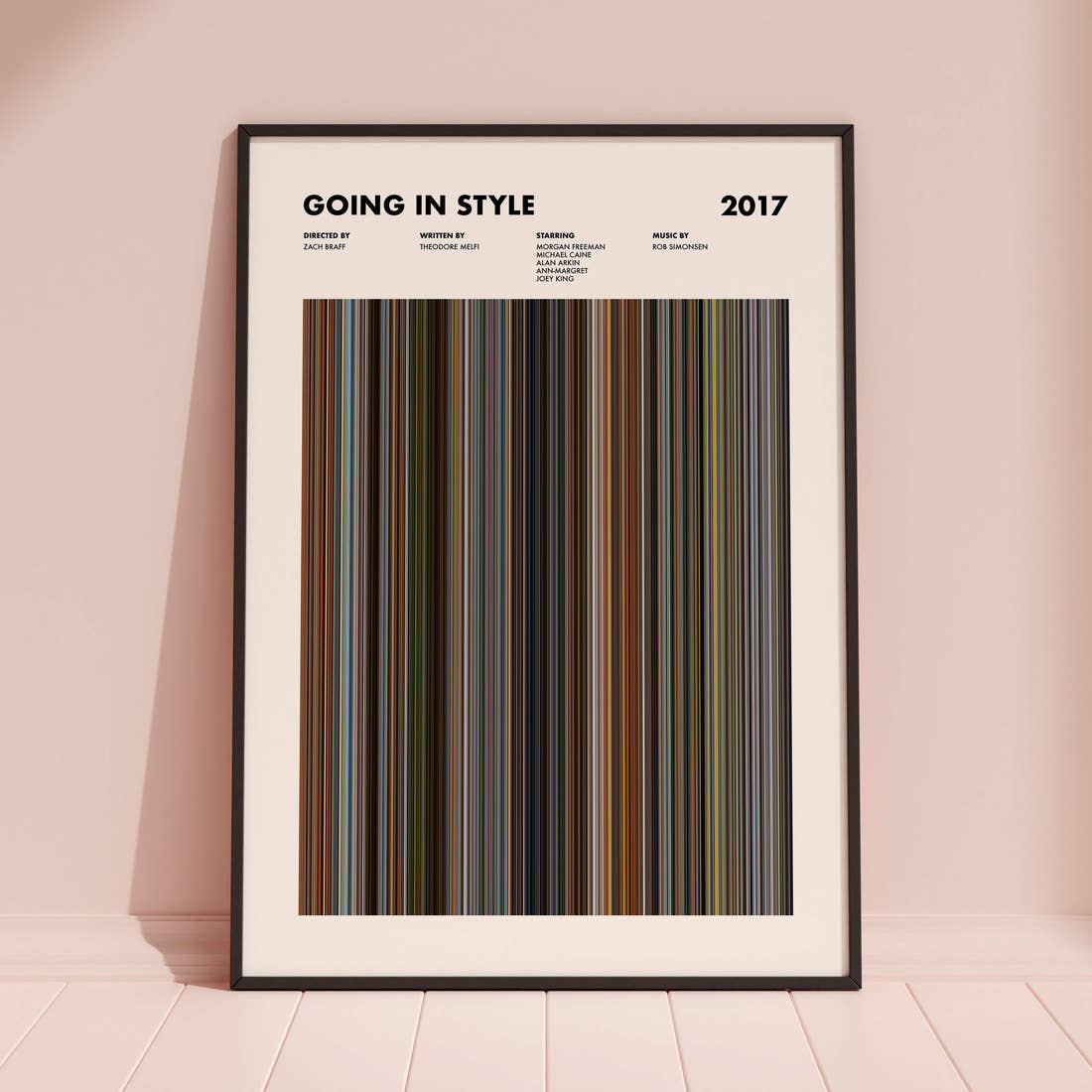 Going in Style Movie Barcode Poster framed and leaning against a coloured wall