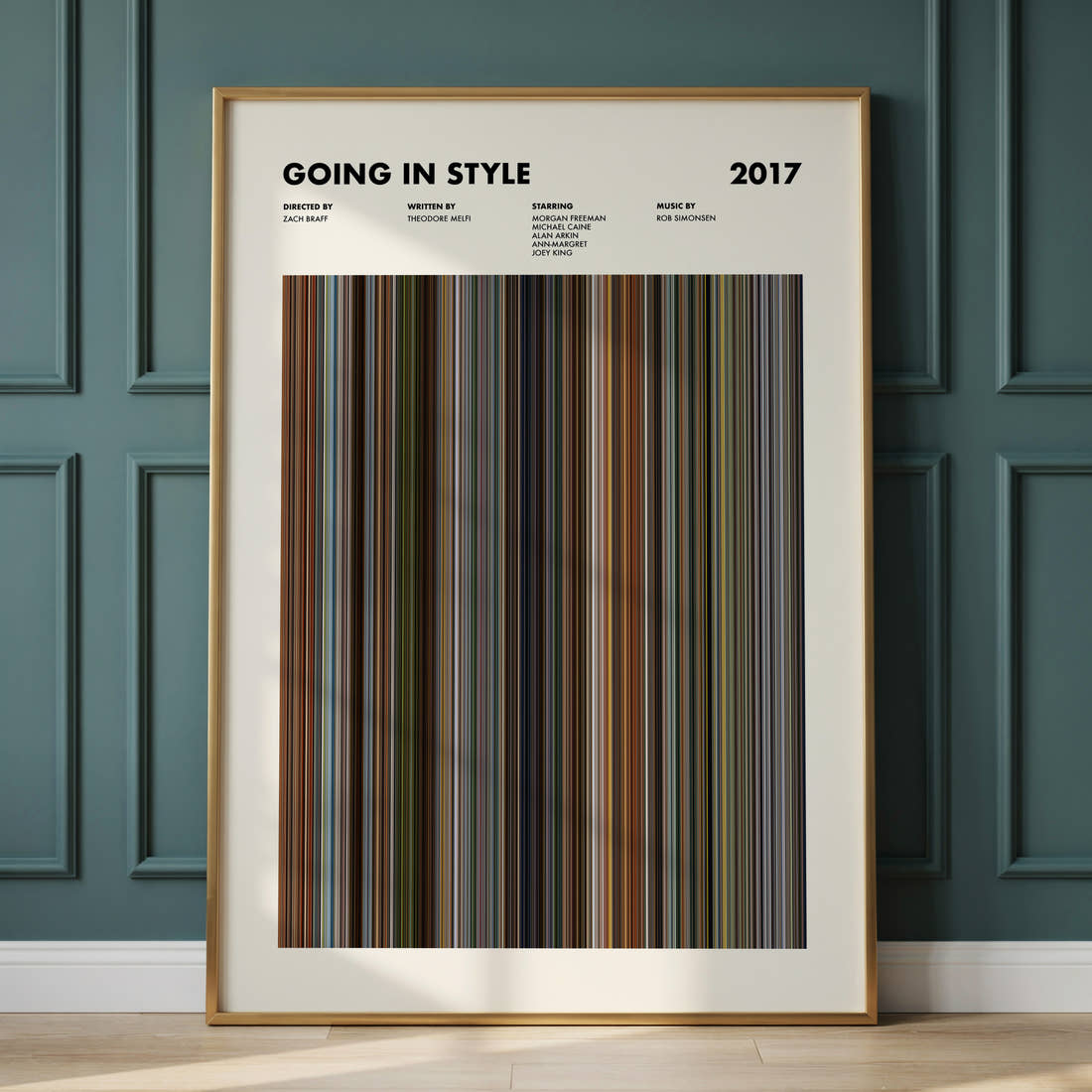 Going in Style Movie Barcode Poster framed and leaning against a panelled wall