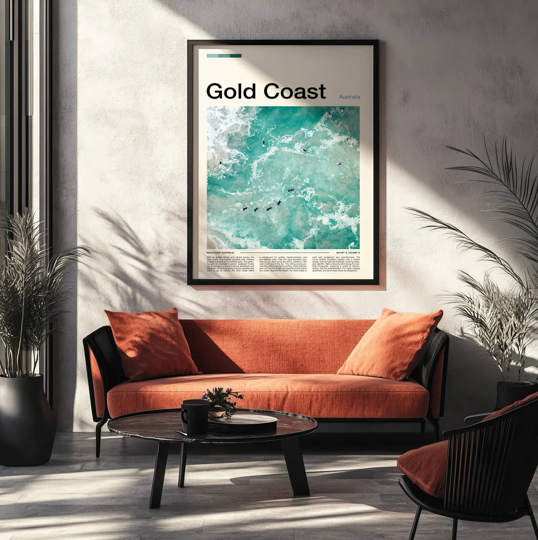Gold Coast Surfers In The Waves Travel Print framed on the wall of a modern living room