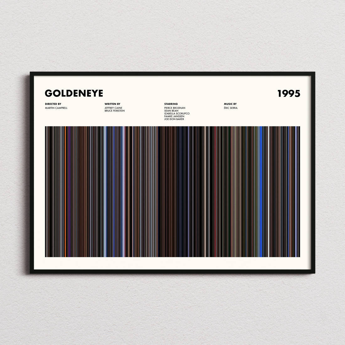 GoldenEye Movie Barcode Poster framed and photographed straight on