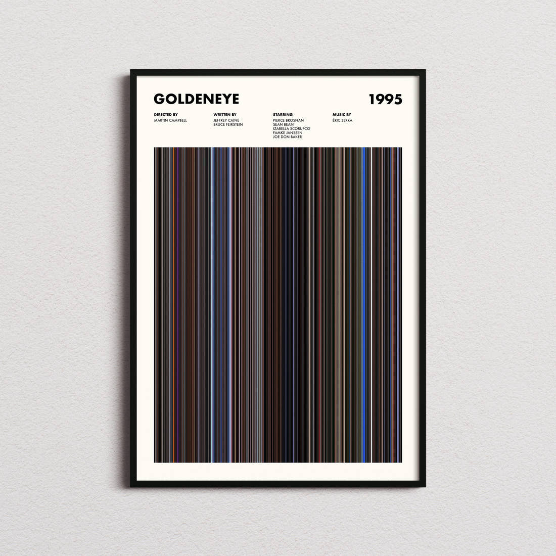 GoldenEye Movie Barcode Poster framed on a plain studio wall