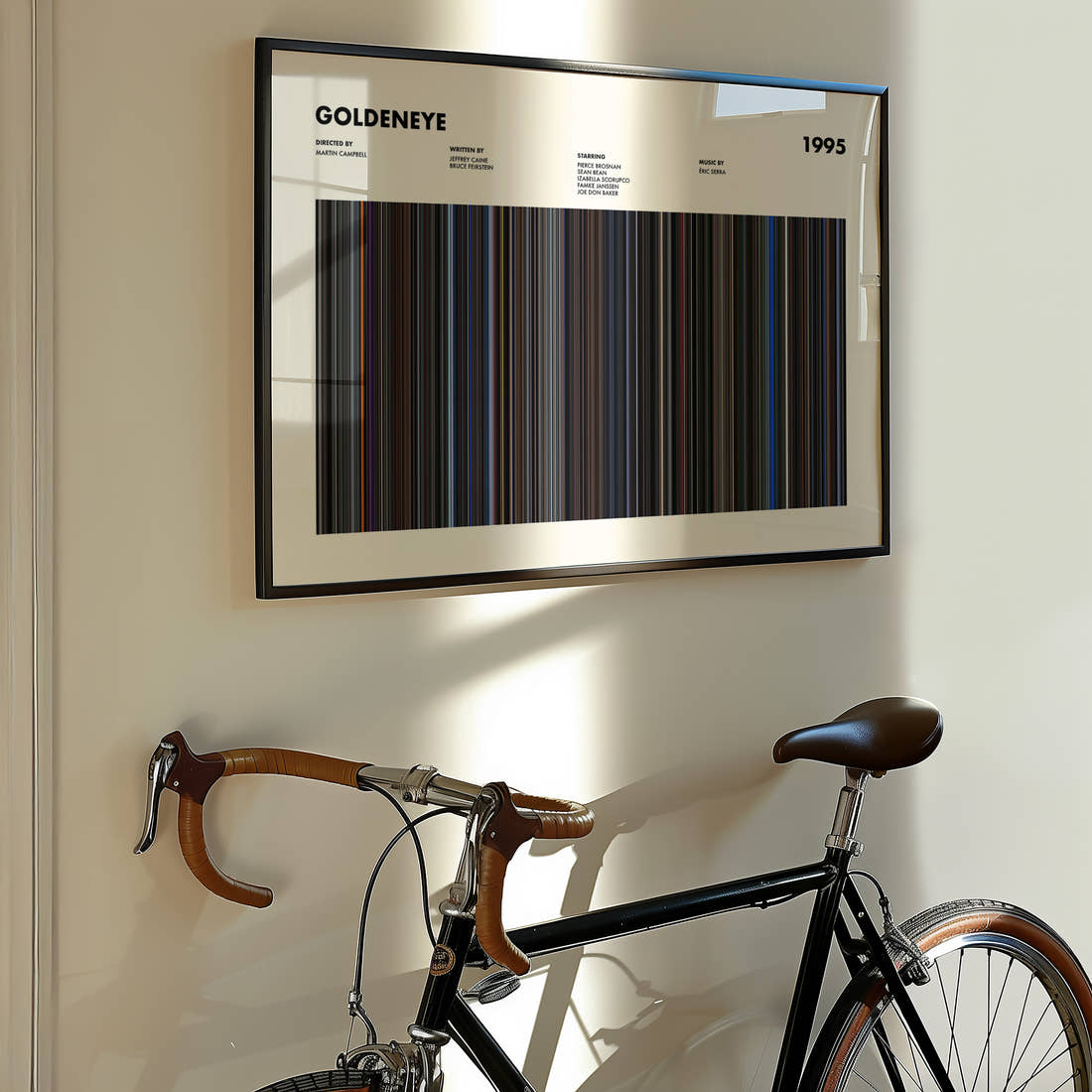 GoldenEye Movie Barcode Poster framed on the wall of a styled room setting