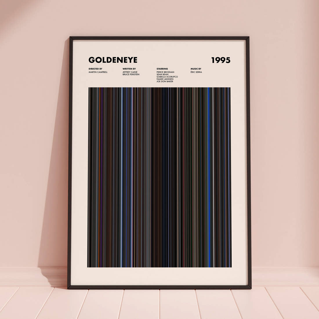 GoldenEye Movie Barcode Poster framed and leaning against a coloured wall