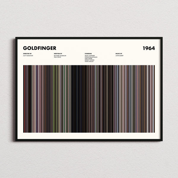 Goldfinger Movie Barcode Poster framed and photographed straight on