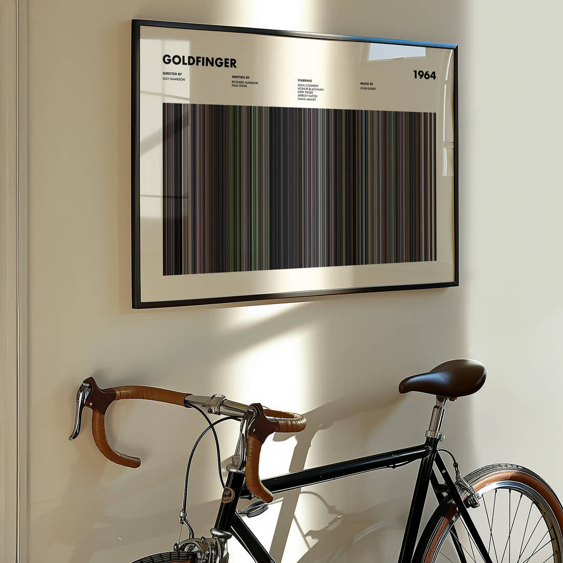 Goldfinger Movie Barcode Poster framed on the wall of a styled room setting