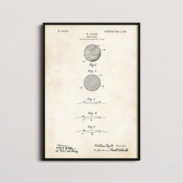 Golf Ball Patent Print in the aged paper colourway, framed